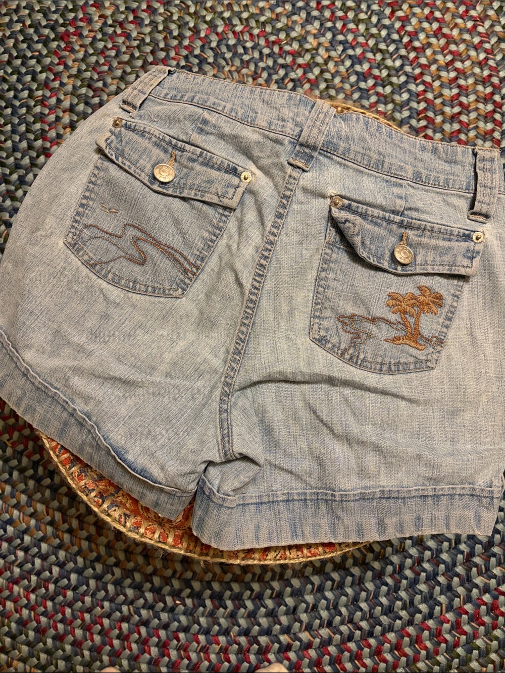 Light Wash Distressed Denim Jean Shorts with Embroidered Palm Tree Accent